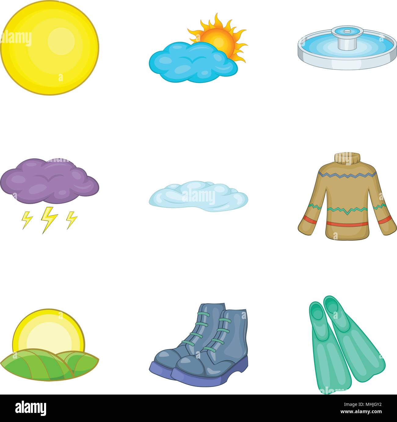 L'adaptation au climat, cartoon style icons set Illustration de Vecteur