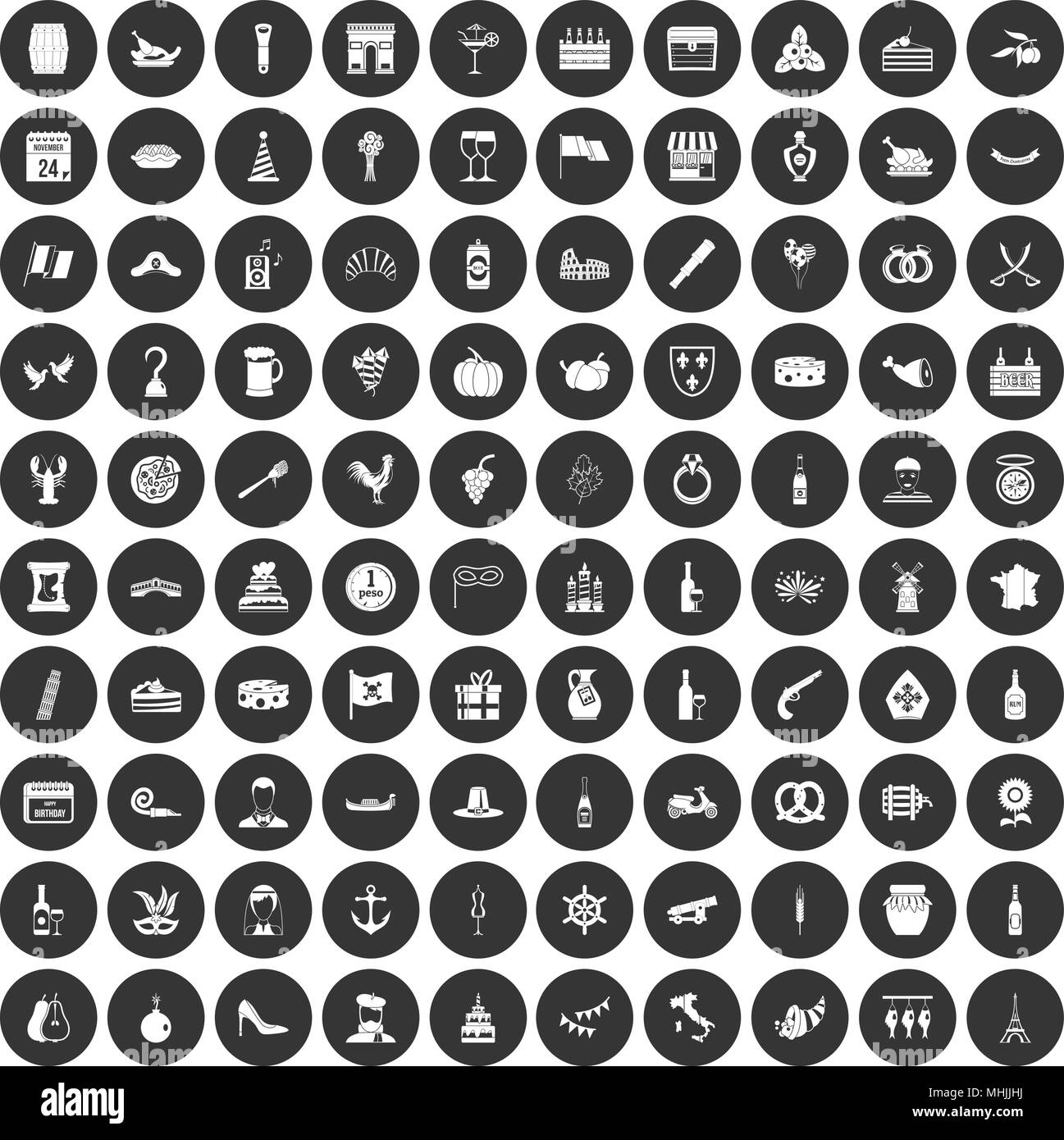 L'alcool 100 icons set cercle noir Illustration de Vecteur