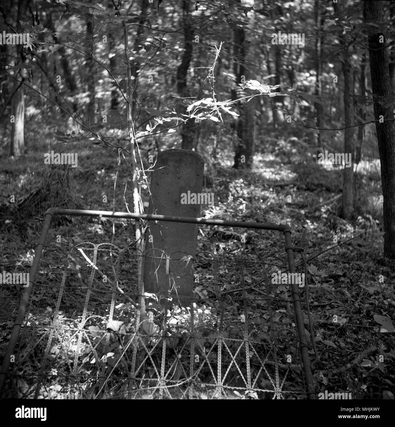 Pierres tombales brisées et d'escrime tordues sont trouvés dans un négligé confederate cemetery près de Fayetteville, Arkansas. Banque D'Images