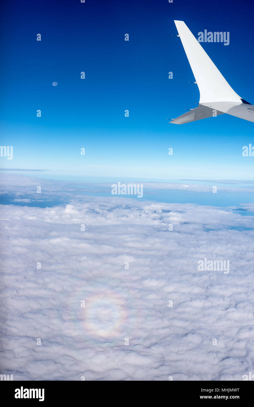 Un petit arc-en-ciel circulaire, appelée "gloire", à partir d'un avion.d Banque D'Images