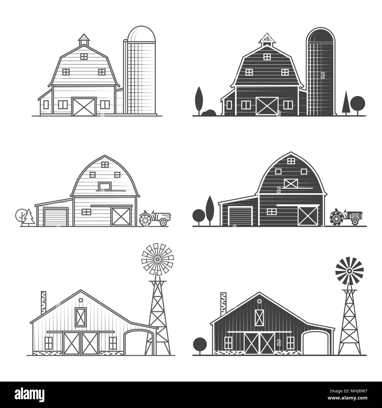 Ensemble de fine ligne icône agricole américain. Illustration de Vecteur