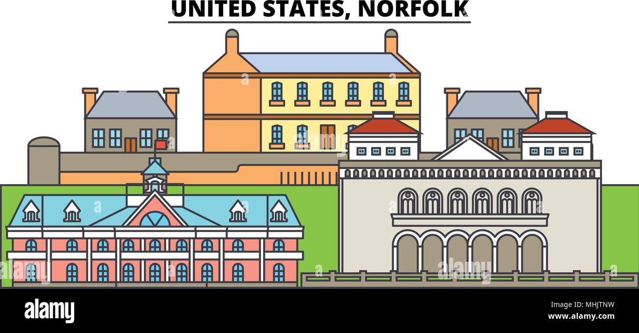 United States, Norfolk. Sur les toits de la ville, l'architecture, bâtiments, rues, silhouette, paysage, panorama, monuments. Coups modifiable. Télévision design line concept d'illustration vectorielle. Icônes isolé Illustration de Vecteur