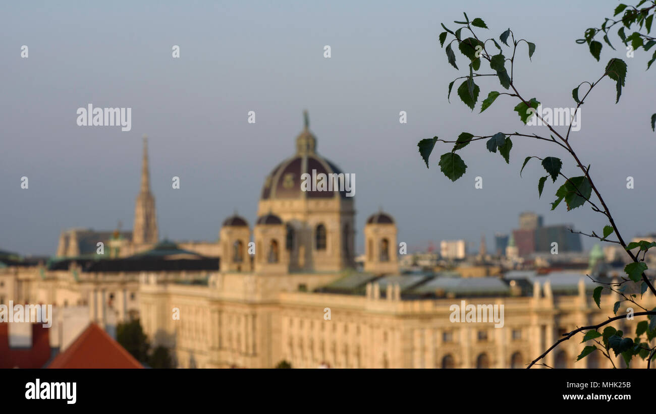 Les toits de la Vieille Ville ou Innere Stadt et bâtiments modernes à Vienne, Autriche. Dans l'avant-plan est le MuseumsQuartier. Banque D'Images