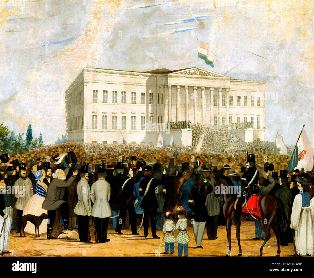 Petofi Sandor appelle la chanson nationale sur l'escalier du Musée National. 15 mars 1848 aquarelle d'un artiste inconnu Banque D'Images