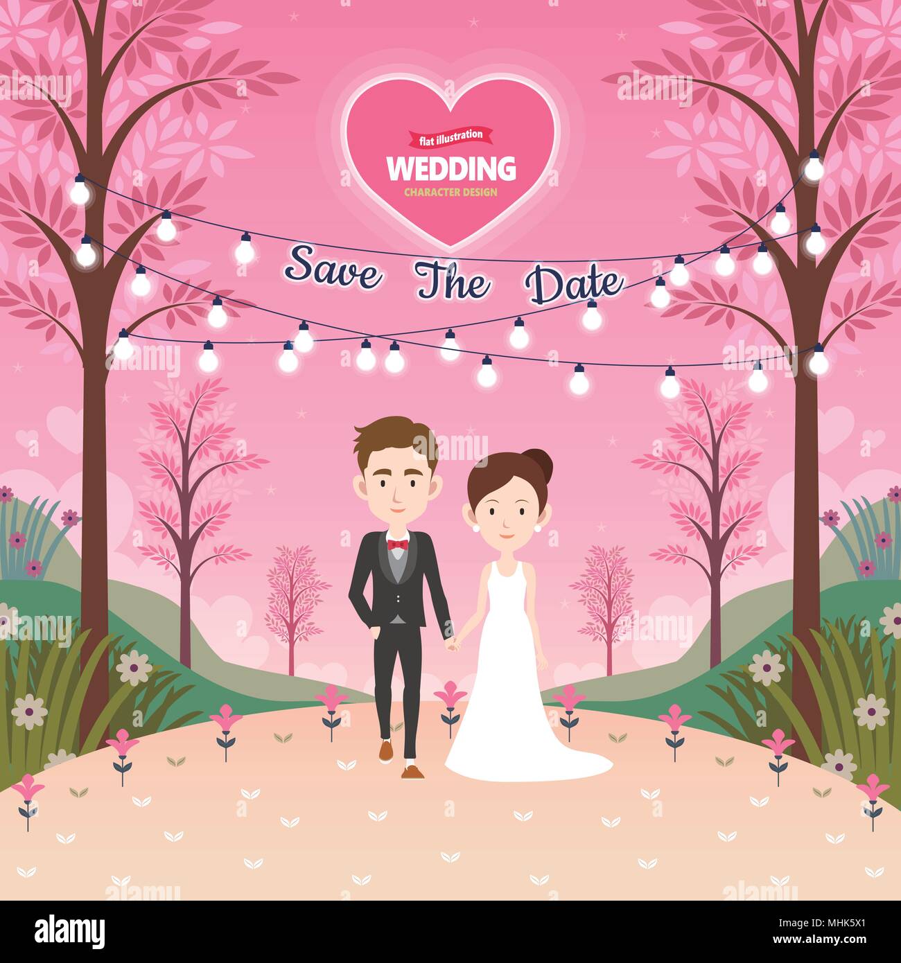 Enregistrez le modèle mariage date character design en style plat Illustration de Vecteur