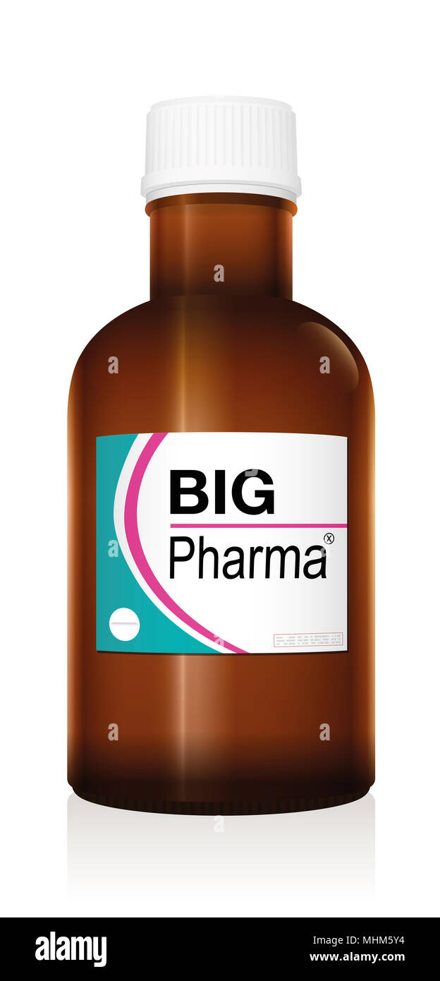 Flacon de médicaments nommé big pharma, un faux médecin produit, symbole de l'entreprise pharma financière, problèmes de santé, non lucratif et image négative de la médecine Banque D'Images