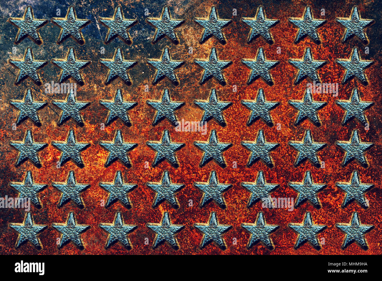 Les formes en relief USA star sur métal rouillé, surface texture métallique usés comme arrière-plan Banque D'Images