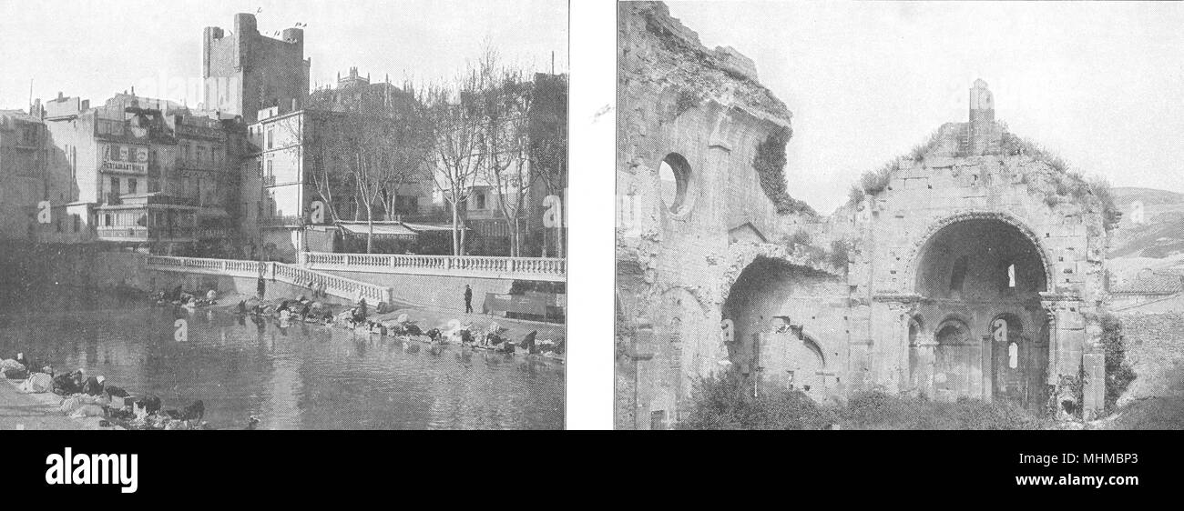 AUDE. Le canal, un Narbonne, Ruines de la Cathédrale d'Alet 1900 old print Banque D'Images