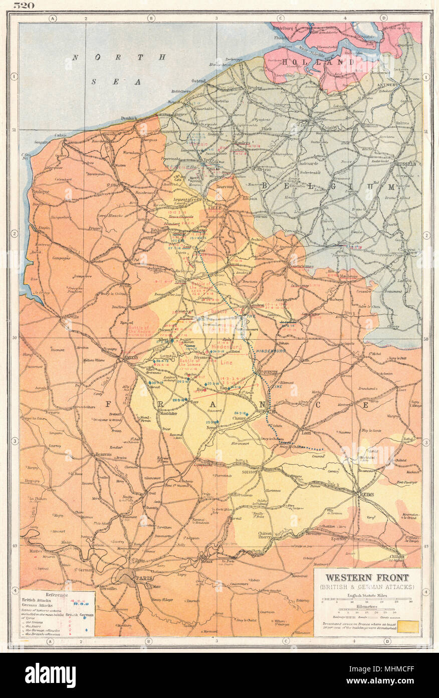 FRANCE BELGIQUE. Front de l'Ouest Première Guerre mondiale 1. Batailles clés 1914-18 1920 map Banque D'Images