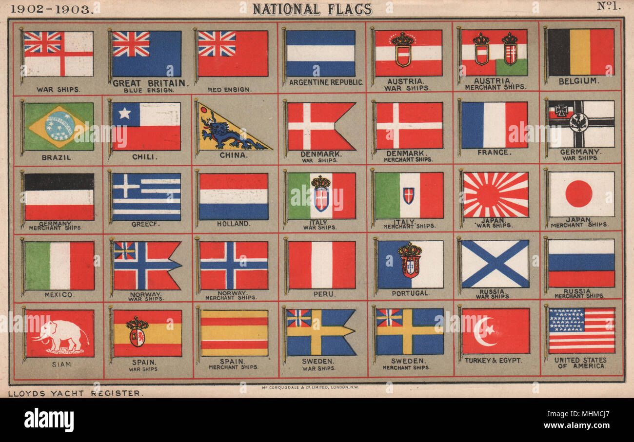 Drapeaux nationaux. Navires navires marchands 1902 enseignes ancienne imprimer photo Banque D'Images