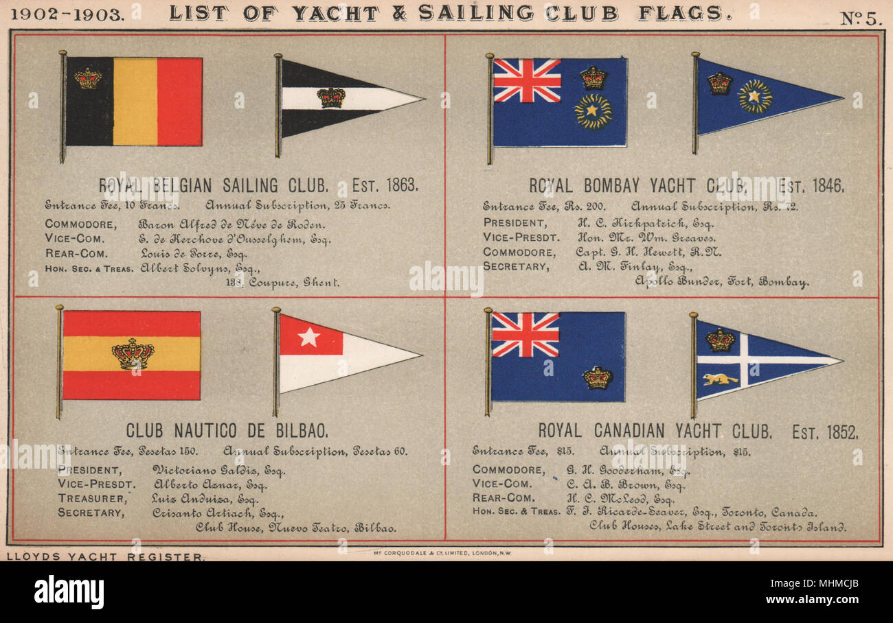 ROYAL YACHT CLUB de voile et de drapeaux. Belge. Bombay. Bilbao. Canadian 1902 imprimer Banque D'Images