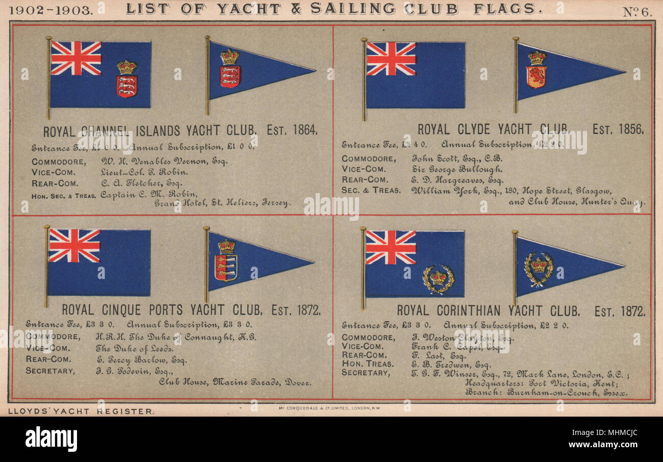 ROYAL YACHT CLUB DE DRAPEAUX. Channel Islands. Clyde. Cinque Ports. 1902 Corinthe Banque D'Images