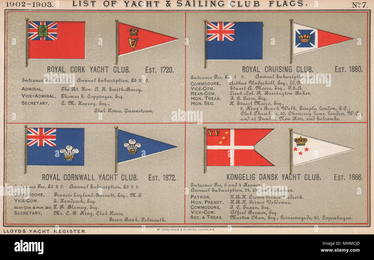 ROYAL YACHT CLUB de voile et de drapeaux. Le liège. La croisière. Cornwall. Kongelig Dansk 1902 Banque D'Images