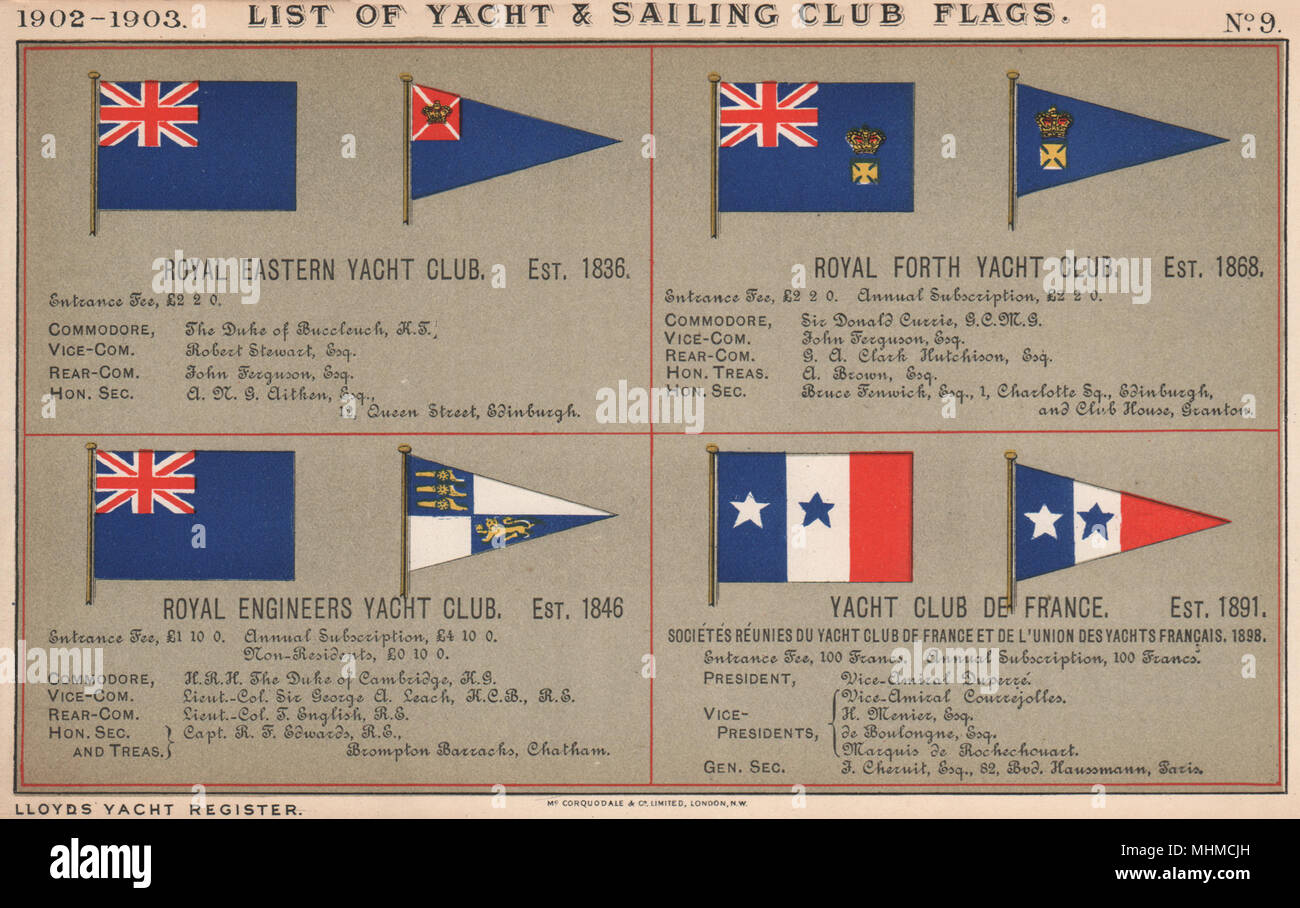 ROYAL YACHT CLUB de voile et de drapeaux. De l'Est. De suite. Royal Engineers. France 1902 Banque D'Images