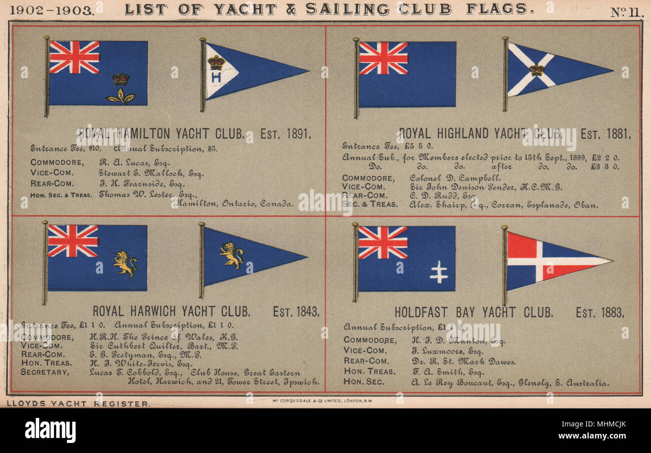ROYAL YACHT CLUB de voile et de drapeaux. Hamilton. Highland. Harwich. Holdfast Bay 1902 Banque D'Images
