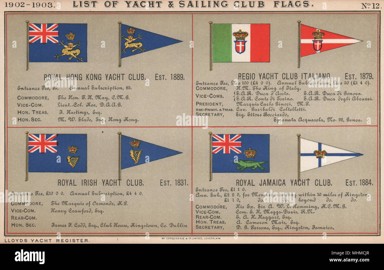 ROYAL YACHT CLUB de voile et de drapeaux. Hong Kong. Regio Italiano. L'irlandais. Jamaïque 1902 Banque D'Images