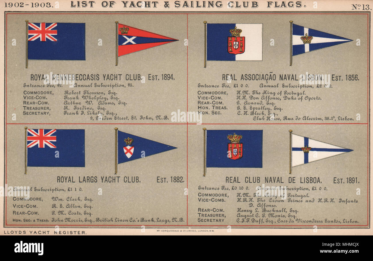 ROYAL YACHT CLUB de voile et de drapeaux. Kennebeccasis. Lisbonne. Largs. Lisboa 1902 Banque D'Images