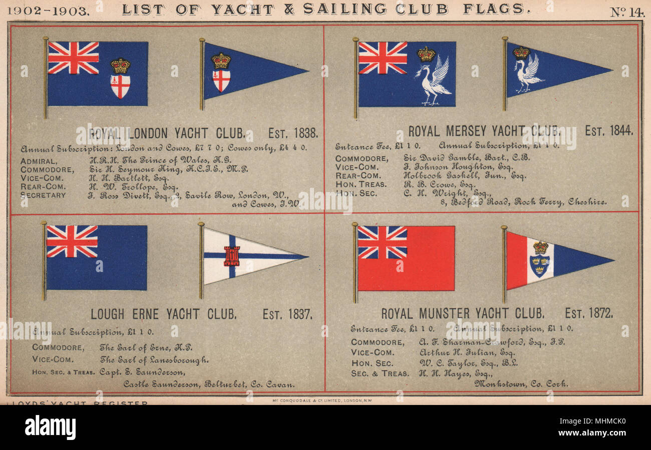ROYAL YACHT CLUB de voile et de drapeaux. Londres. Mersey. Le Lough Erne. Munster 1902 Banque D'Images