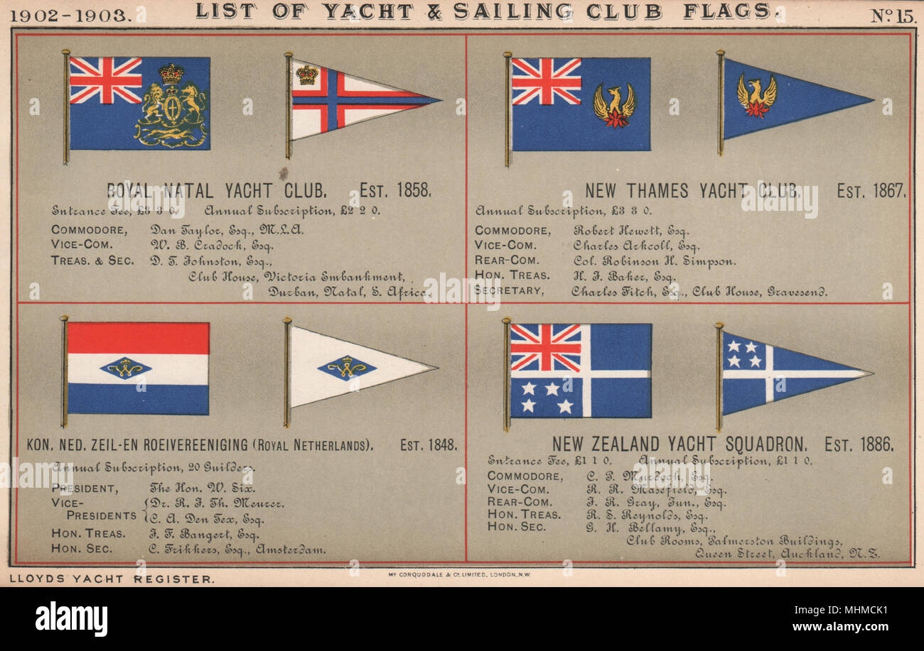 ROYAL YACHT CLUB DE VOILE/drapeaux. Le Natal. Nouvelles de la Tamise. Aux Pays-Bas. New Zealand 1902 Banque D'Images