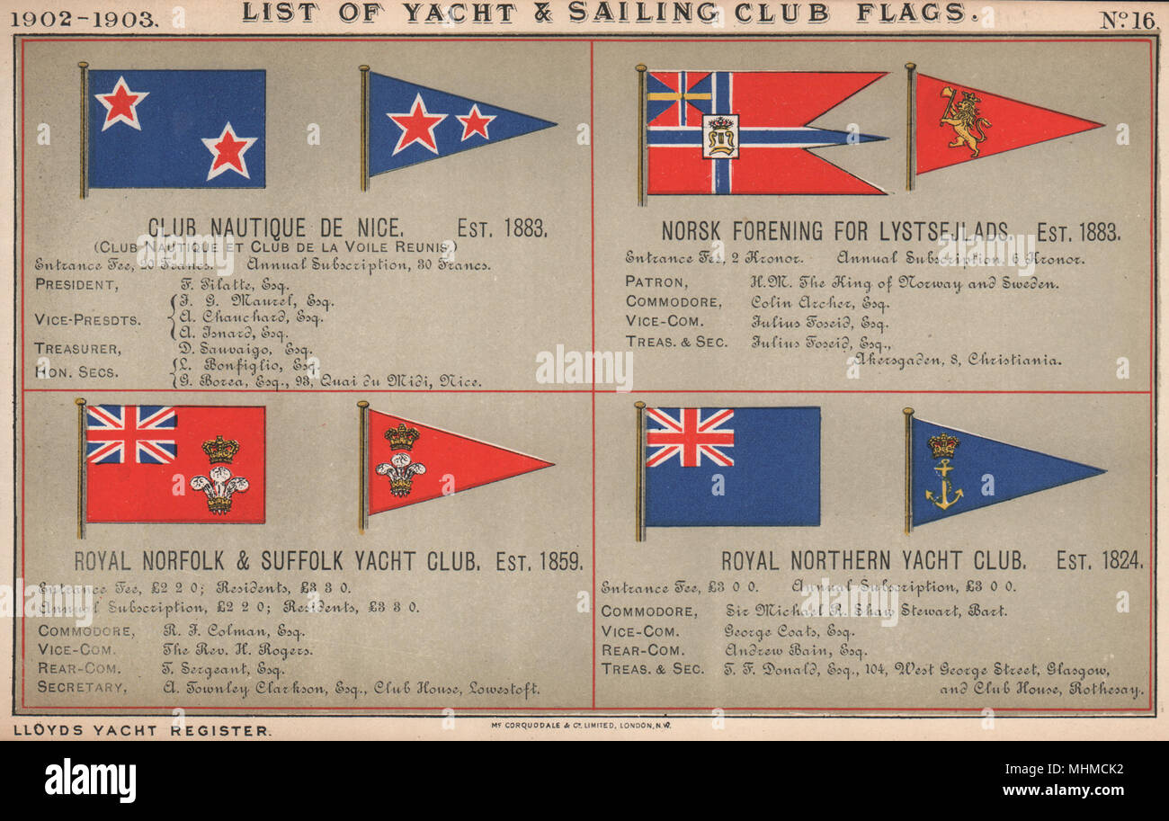 ROYAL YACHT CLUB de voile et de drapeaux. Nice. Norsk. Norfolk et Suffolk. Le Nord 1902 Banque D'Images