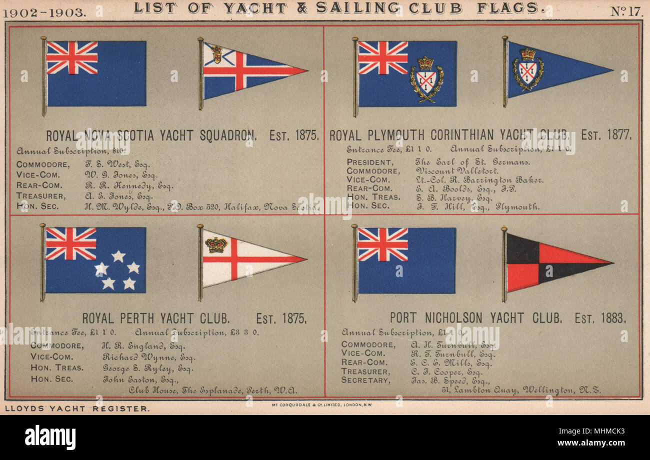 ROYAL YACHT CLUB DE VOILE/drapeaux de la Nouvelle-Écosse. Plymouth. Perth. 1902 Port Nicholson Banque D'Images