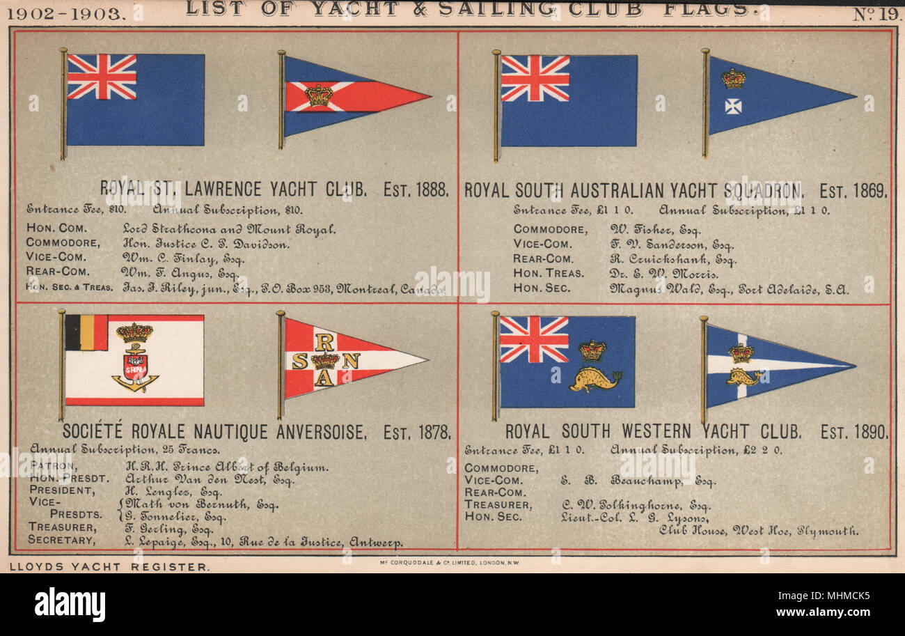 CLUB DE YACHT ROYAL Saint-laurent drapeaux de l'Australie du Sud Ouest 1902 S. Anversoise Banque D'Images