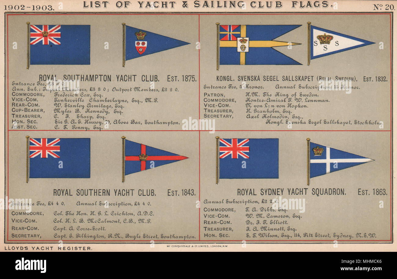 ROYAL YACHT CLUB de voile et de drapeaux. Southampton. Le suédois. Le sud. Sydney 1902 Banque D'Images