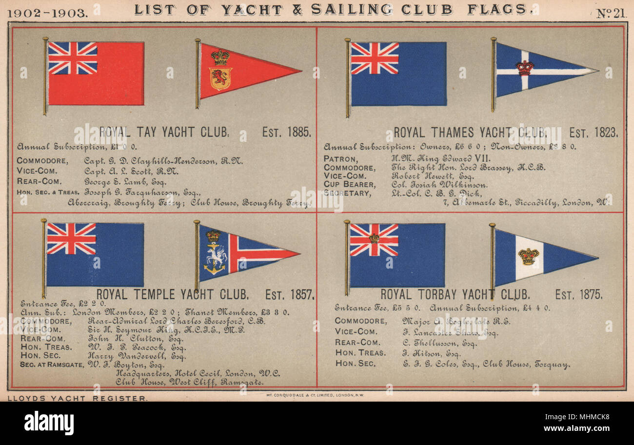 ROYAL YACHT CLUB de voile et de drapeaux. Tay. Tamise. Temple. Torbay 1902 old print Banque D'Images