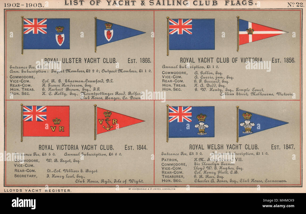ROYAL YACHT CLUB de voile et de drapeaux. L'Ulster. Victoria. RYC de Victoria. Welsh 1902 Banque D'Images