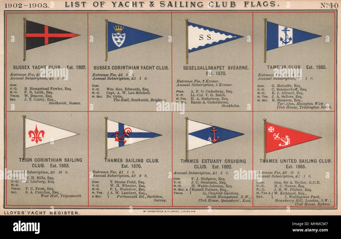 YACHT & SAILING CLUB FLAGS S-T. Tamesis - Sussex - Teign - Thames United 1902 Banque D'Images