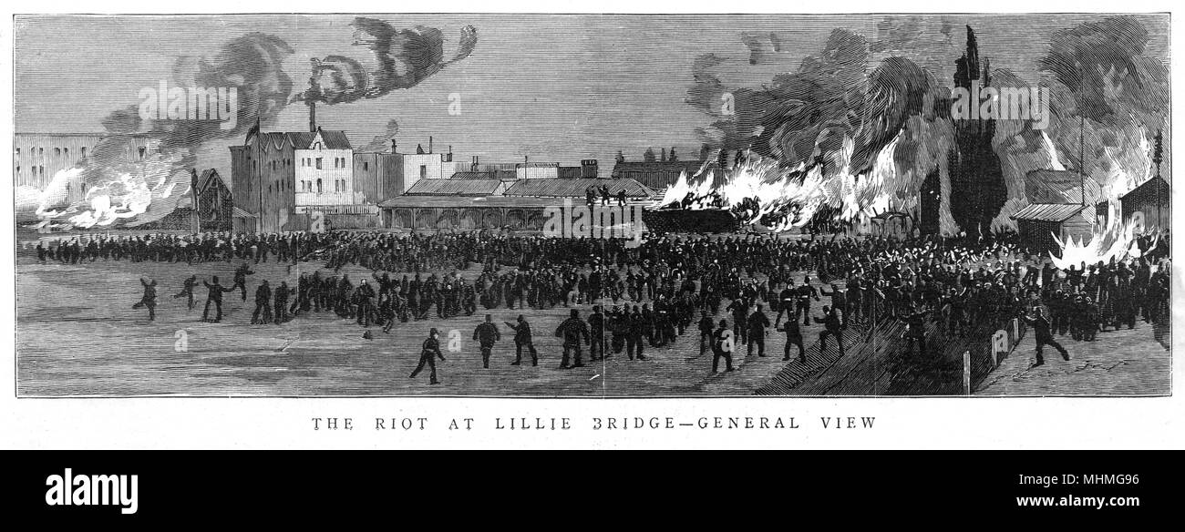 Épave émeutiers Lillie Bridge Sports sol lors de la course du prix s'appelle off - le stade en feu Date : 1887 Banque D'Images