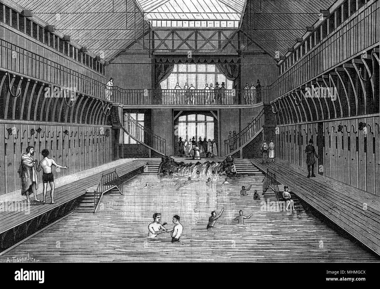 Voir l'intérieur d'une piscine publique à faible coût dans la baignoire rue Chateau-Landon, Paris, France. Date : 1884 Banque D'Images