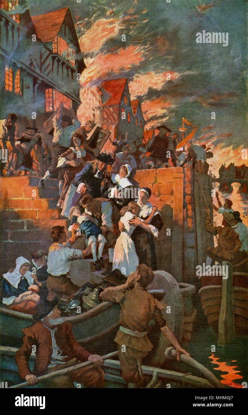 Citoyens échapper aux flammes par bateau que l'incendie s'approche de la Thames DATE : 2 - 6 septembre 1666 Banque D'Images