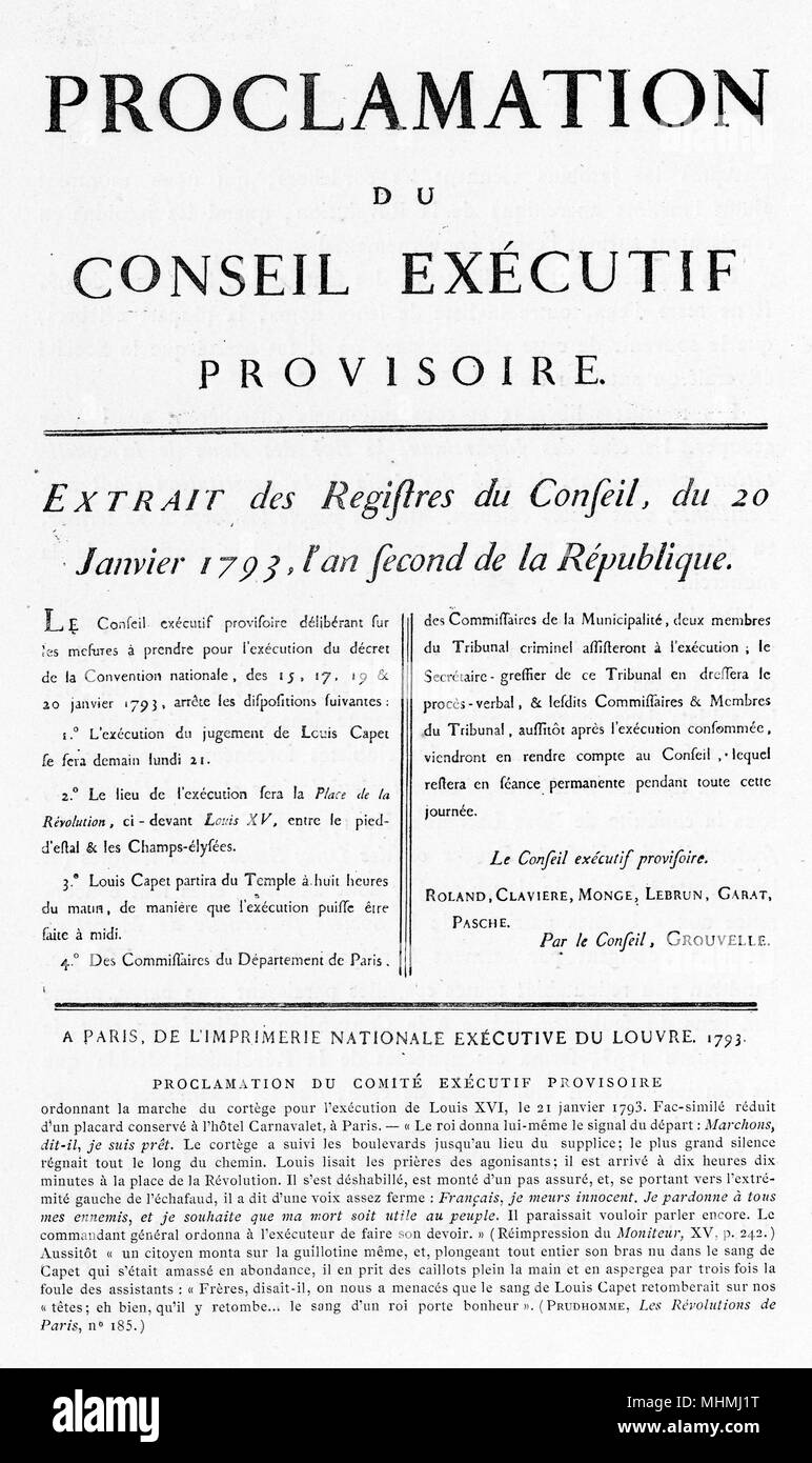 Proclamation d'un projet de loi fixant les modalités de l'exécution de Louis XVI. Date : 20 Janvier 1793 Banque D'Images