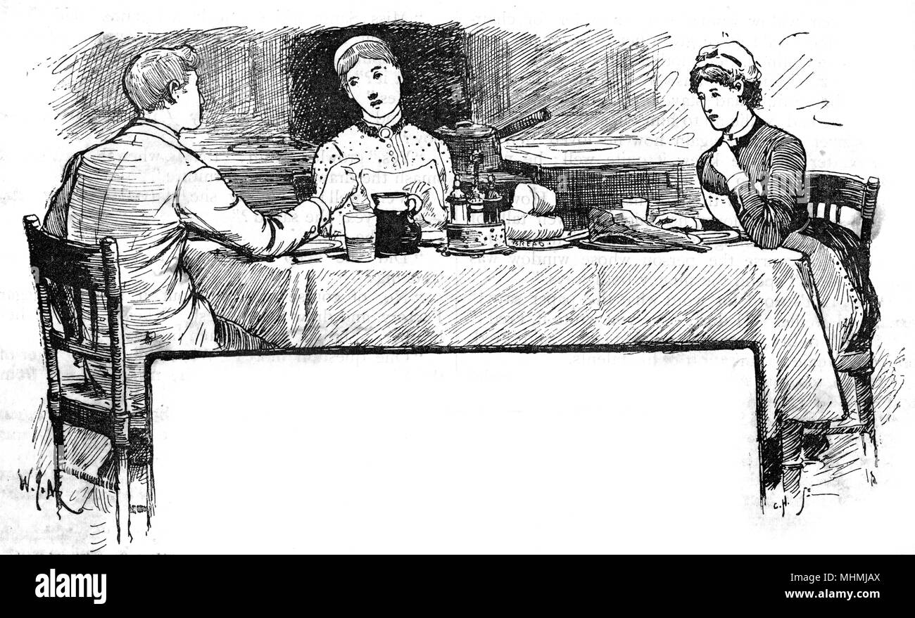Fonctionnaires à table dans la cuisine - un serviteur, le cuisinier et une Date : 1887 Banque D'Images