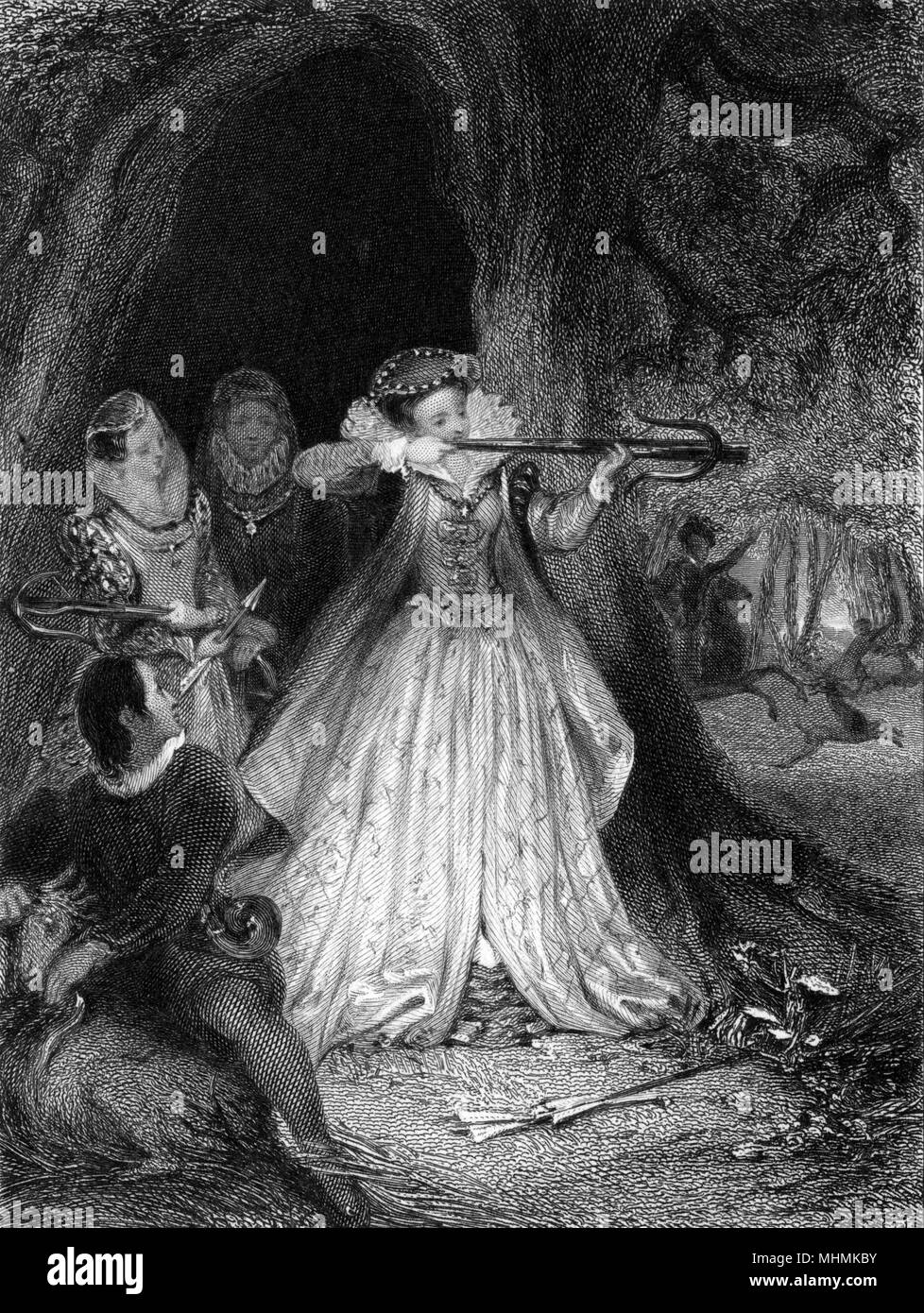 La reine Elizabeth I vise avec une arbalète à Woodstock Park, tandis que ses dames d'attente- regardez sur attentivement. Date : vers 1580 Banque D'Images