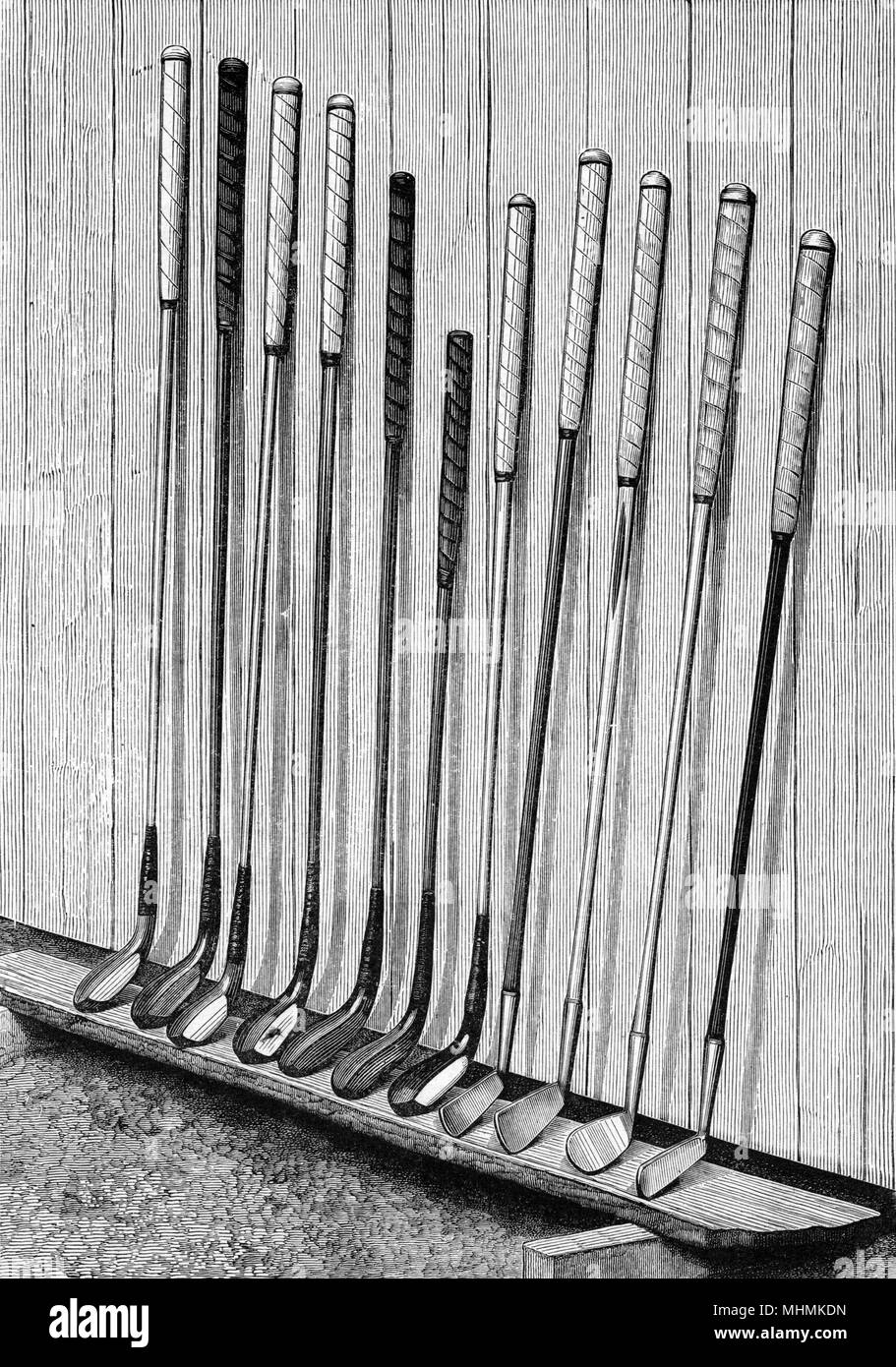 Équipement un ensemble de clubs de golf. Date : 1893 Banque D'Images