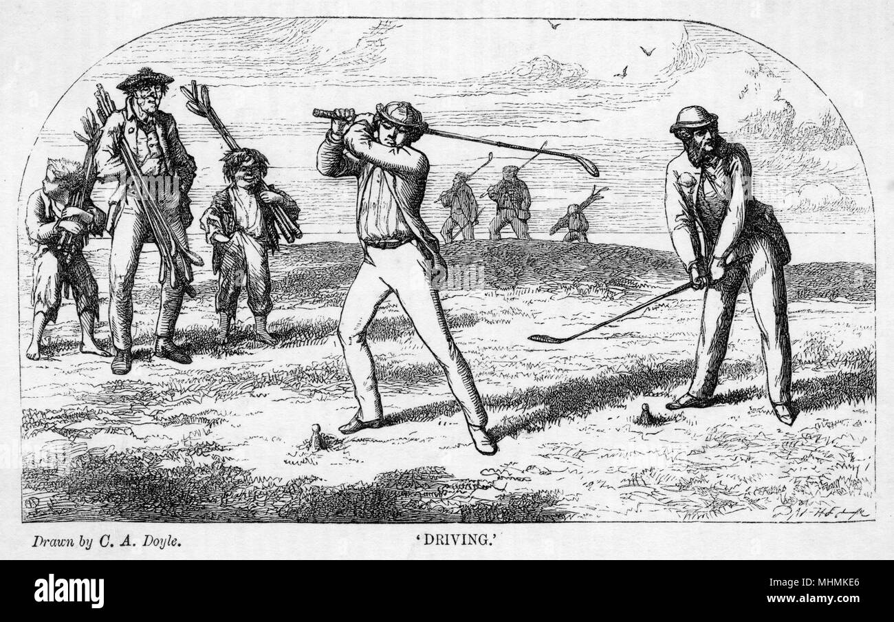 Une paire de golfeurs se préparent à tee off, surveillés par leurs caddies. Date : 1863 Banque D'Images