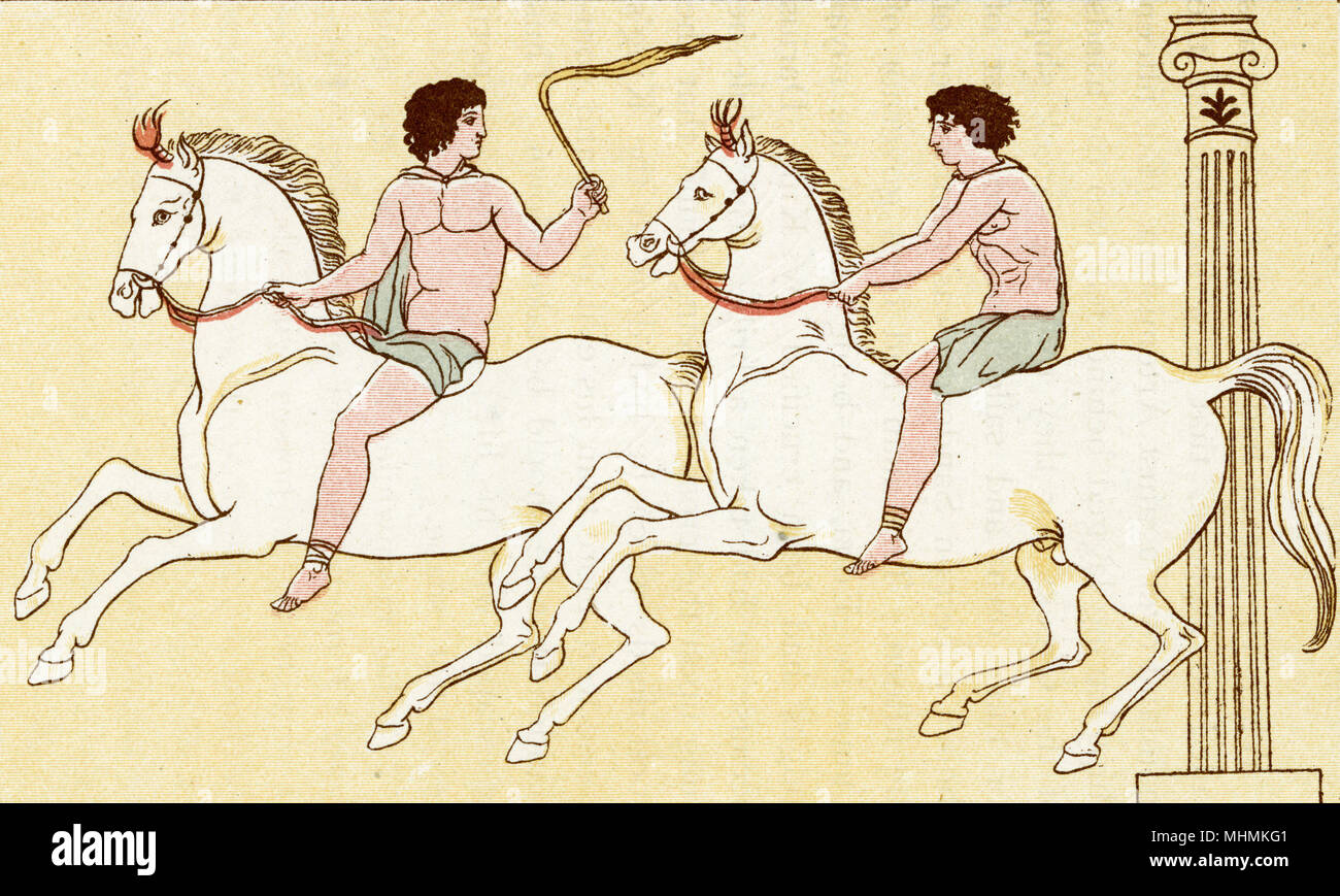 Deux coureurs concurrence dans une course de cheval grec. Date : ancien Banque D'Images