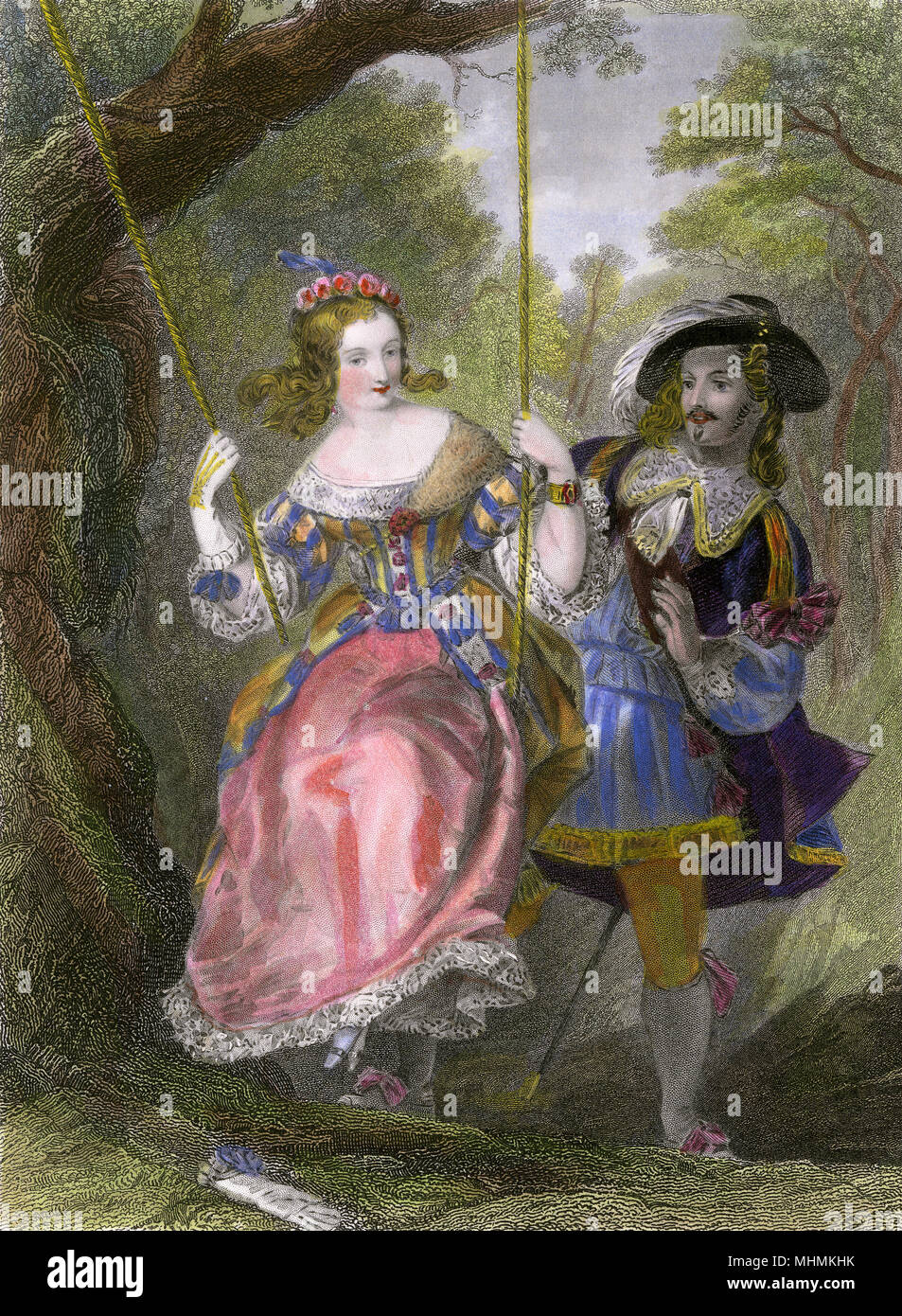 Une belle jeune femme est poussé sur une balançoire par un chap. Date : le 18e siècle Banque D'Images