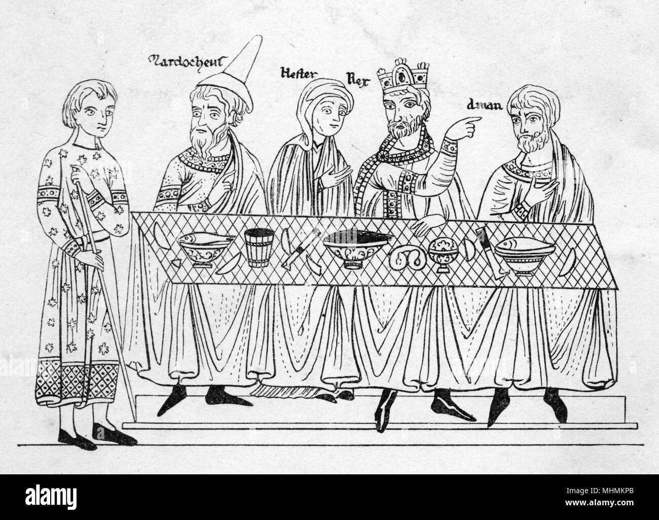 Une représentation stylisée d'un banquet médiéval. Date : cité médiévale Banque D'Images
