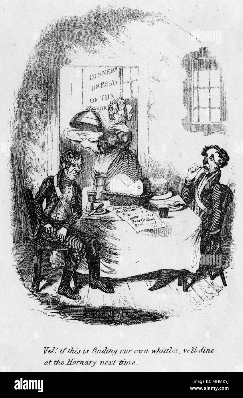 Deux diners oeil horrifié à la vue de leur repas de loi. Date : vers 1836 Banque D'Images