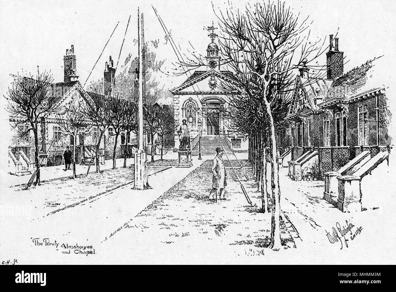 La Trinité hospices au Mile End : c'est la chapelle, tout droit, avec le quartier résidentiel bâtiments de chaque côté de l'avenue. Date : 1895 Banque D'Images
