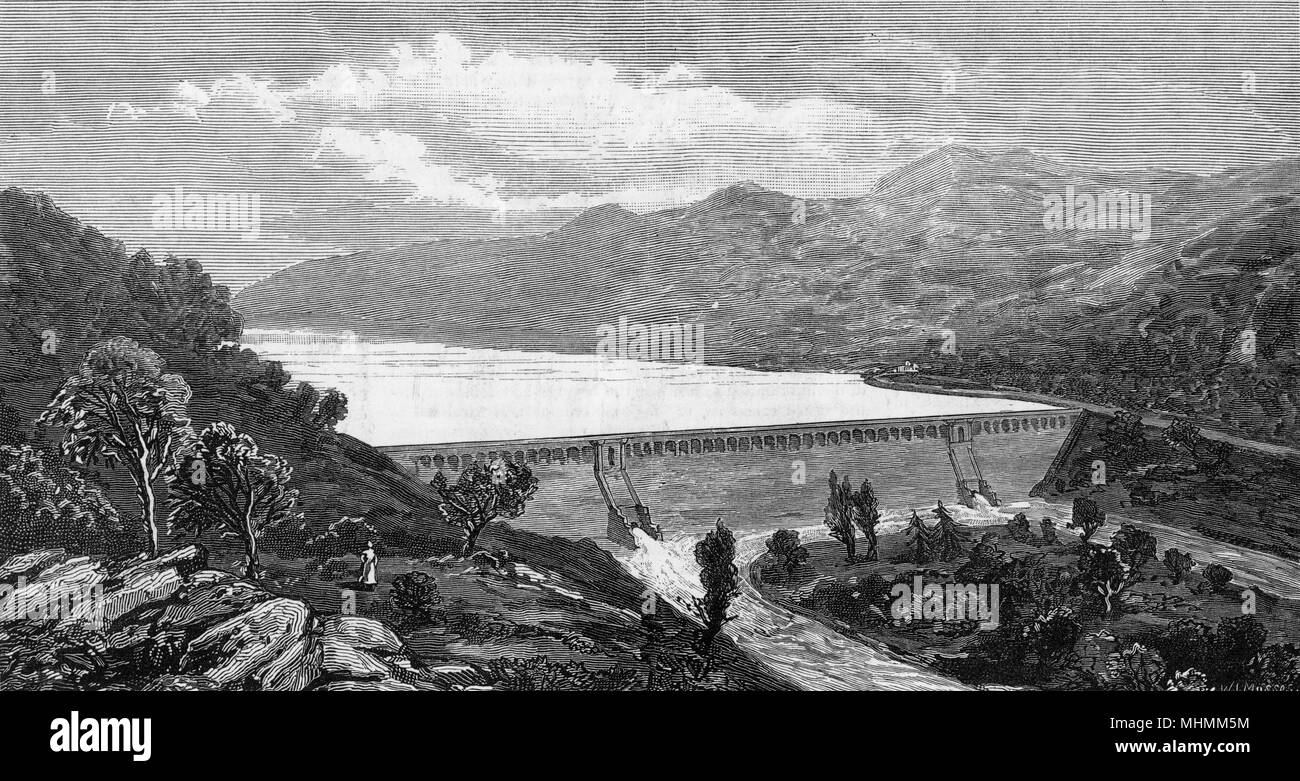 Le réservoir et le barrage Vyrnwy sont prévues pour l'approvisionnement en eau de la population de Liverpool. Date : 1881 Banque D'Images
