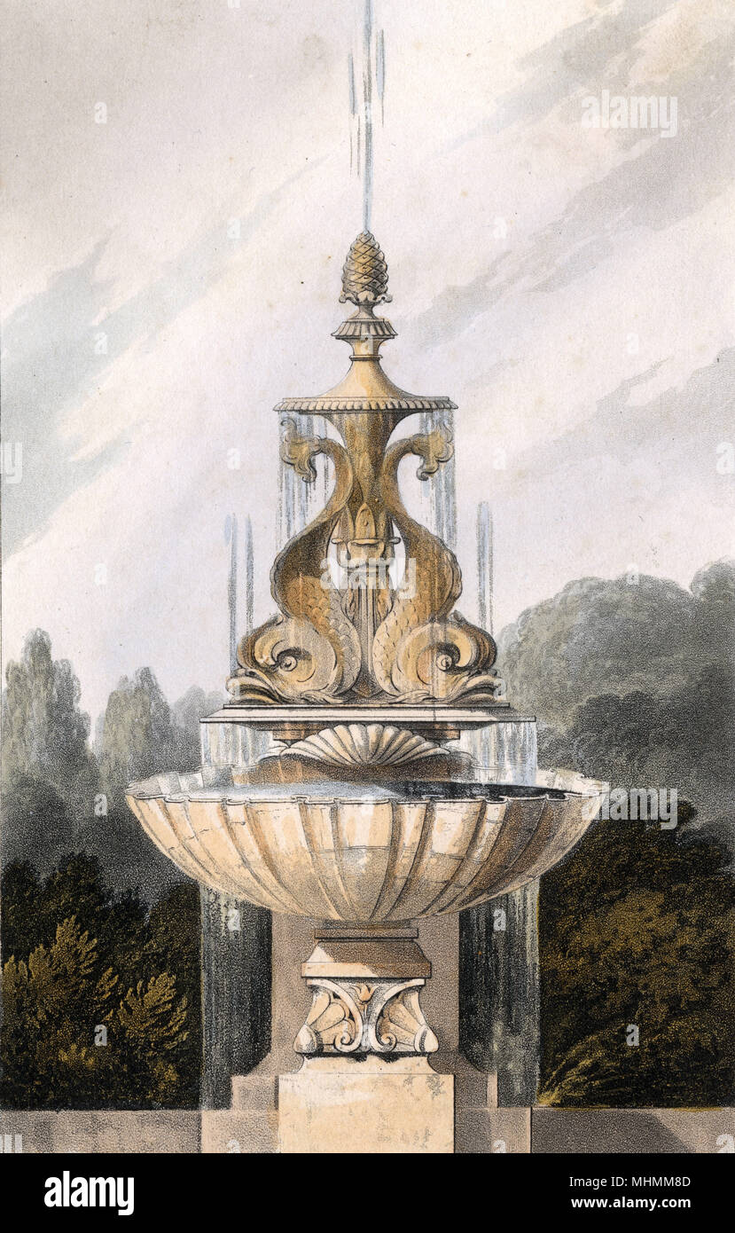 Une fontaine ornementale avec des motifs de coquillages et poissons. Date : 1820 Banque D'Images
