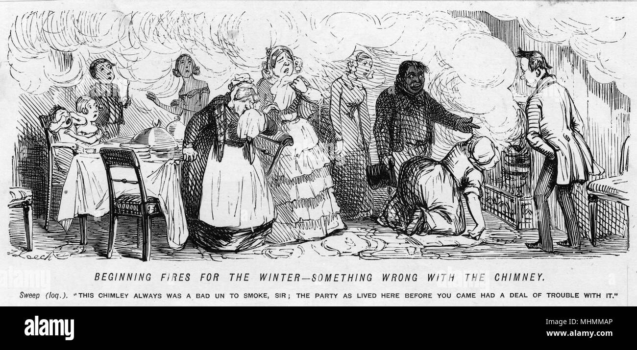 "Début de forêt pour l'hiver - quelque chose de mal avec la cheminée' : le blocage d'une cheminée de fumée se répand dans la pièce à l'origine les gens de tousser et starter Date : vers 1850 Banque D'Images