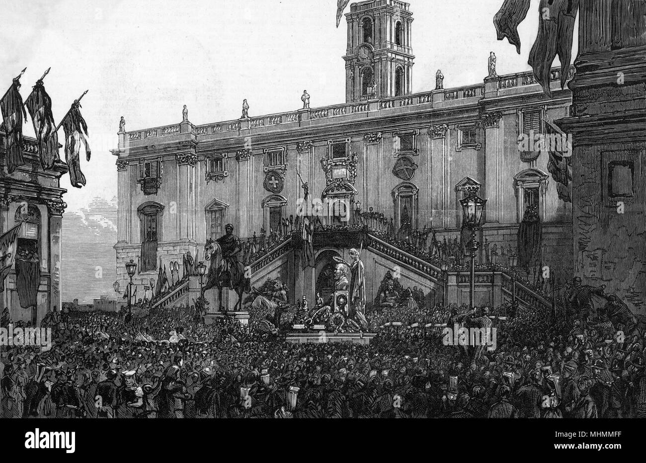 Lorsque Garibaldi meurt, son buste est pris au Capitole à Rome, applaudi par le peuple romain qui lui doivent leur nationalité italienne et leur liberté. Date : 1882 Banque D'Images