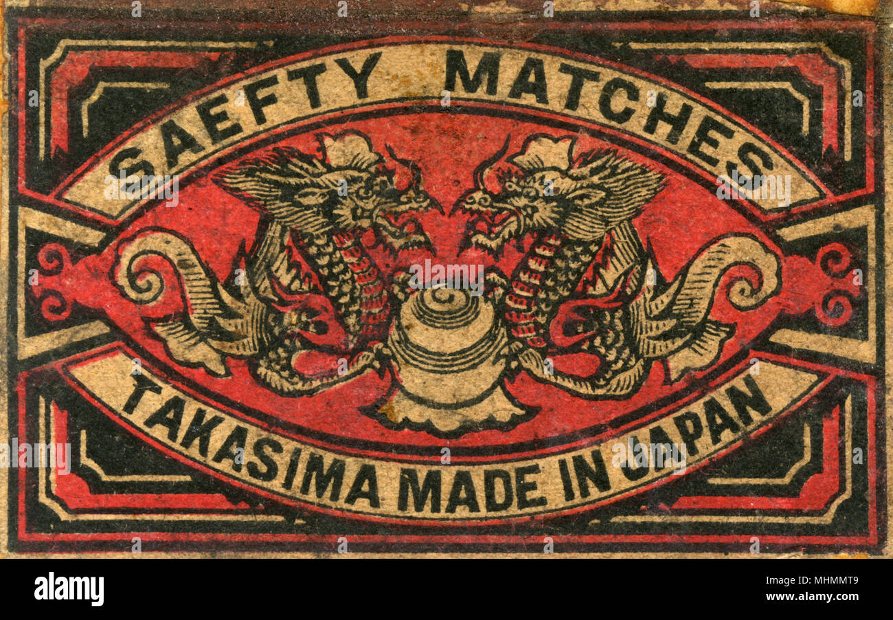 Ancienne étiquette Allumettes Japon pour les allumettes de sûreté avec deux dragons faites par Takasima au Japon Date : ch. Années 1910 Banque D'Images