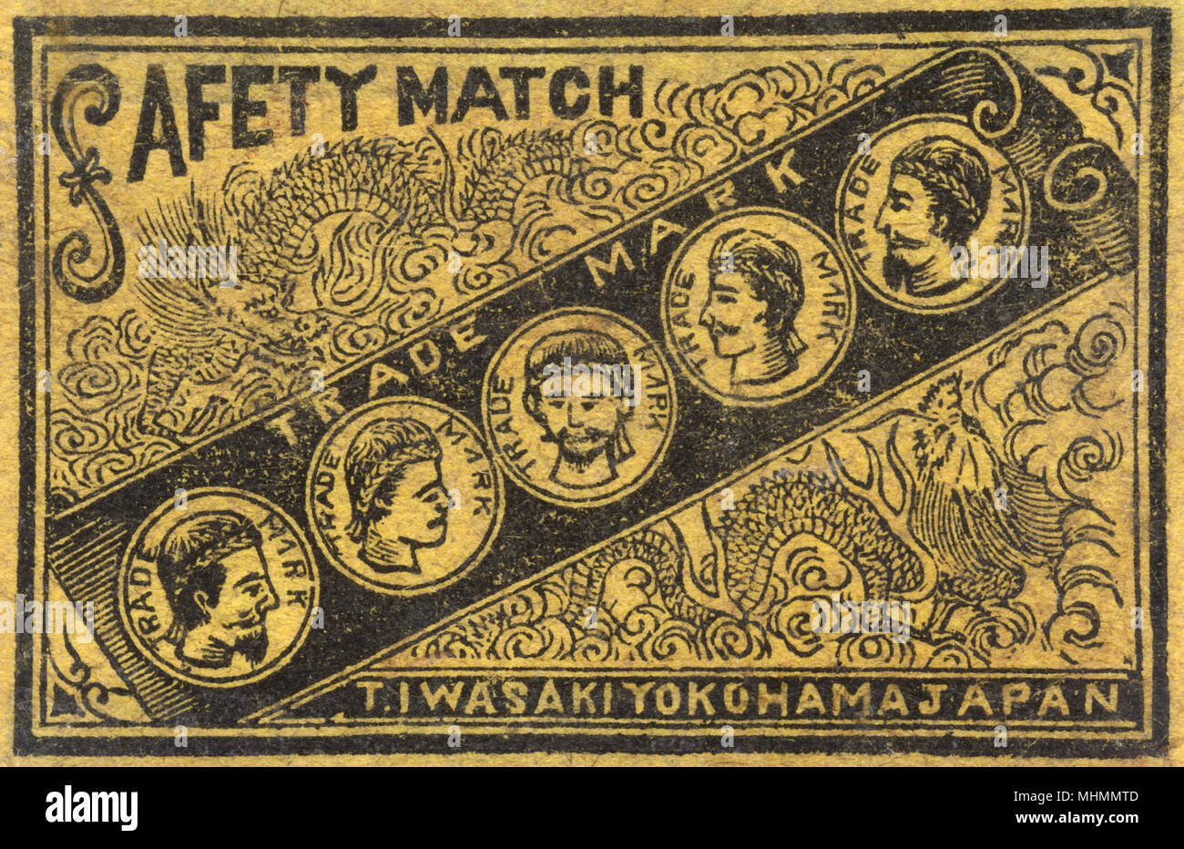 Ancienne marque de boîte d'allumettes japonaise avec dragons et têtes pour hommes Banque D'Images