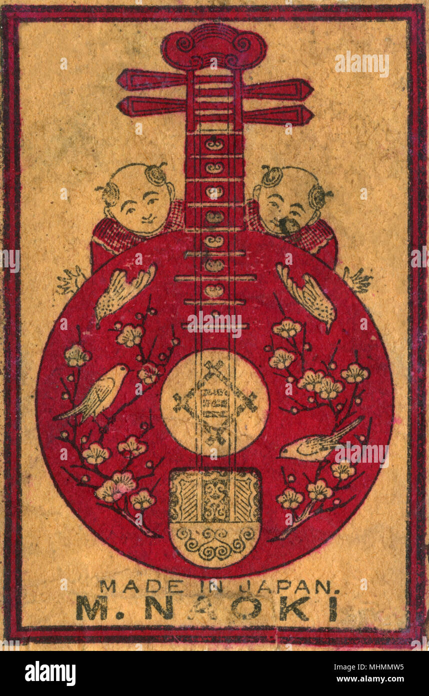Ancienne étiquette de boîte d'allumettes japonaise avec un mandoline rouge avec des oiseaux Banque D'Images